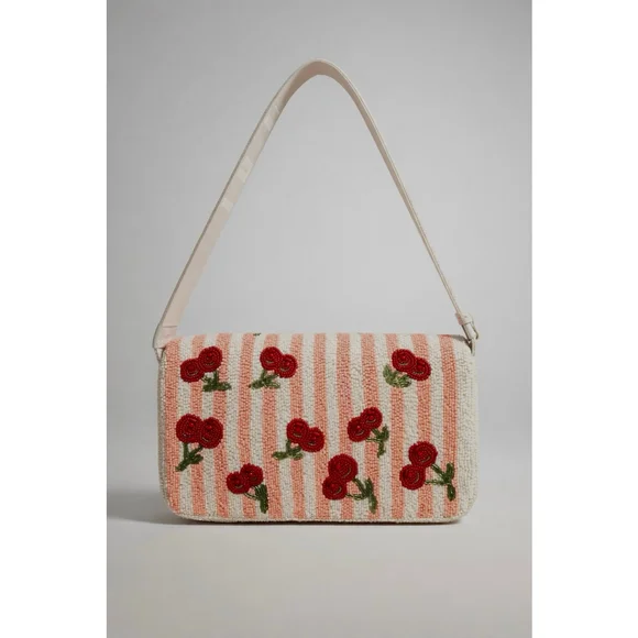 Handcrafted in India Viral Beaded Cherries Cherry Pink Striped Shoulder Bag - Picture 2 of 11